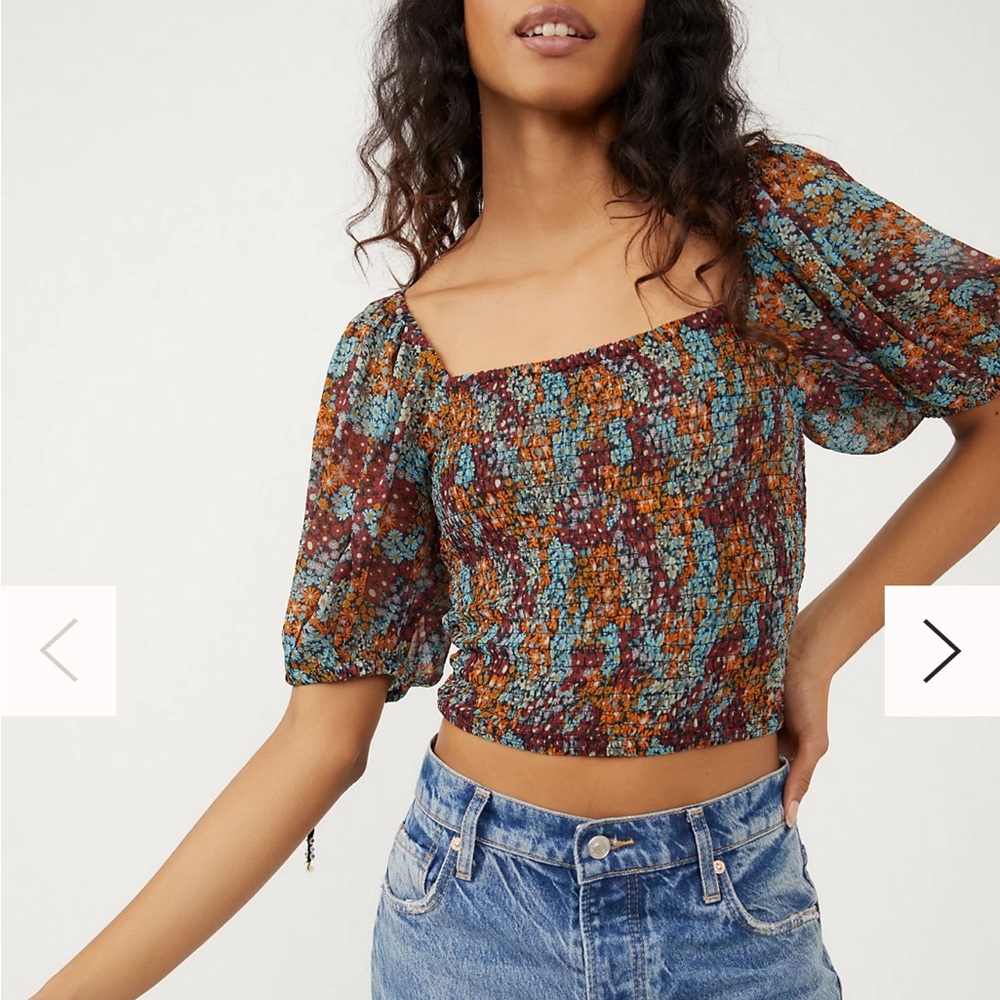 Free People Back on Top Smocked Floral Print Balloon Sleeve Top Size Medium